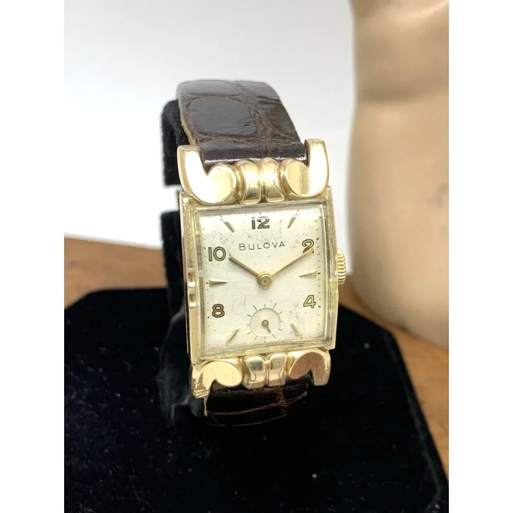 Bulova Watch Vintage 1953 8AC Mechanical Tank 10k Rolled Gold Brown Leather Band